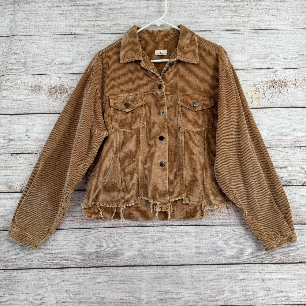 POL Corduroy Jacket Women Size M Tan Brown Raw Hem Frayed Shacket JFT399